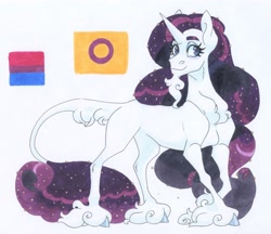 Size: 3389x2922 | Tagged: safe, artist:frozensoulpony, derpibooru import, rarity, classical unicorn, unicorn, beard, bisexual pride flag, chest fluff, description is relevant, facial hair, intersex pride flag, leonine tail, pride, pride flag, reference sheet, solo, traditional art, unshorn fetlocks