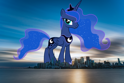 Size: 1920x1282 | Tagged: safe, artist:dashiesparkle, artist:thegiantponyfan, derpibooru import, princess luna, alicorn, pony, canada, crown, ethereal mane, female, giant alicorn, giant pony, giantess, highrise ponies, irl, jewelry, looking at you, macro, mare, mega giant, mega luna, photo, ponies in real life, regalia, smiling, smiling at you, toronto