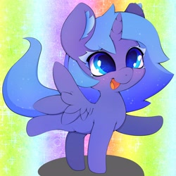 Size: 3000x3000 | Tagged: safe, artist:zokkili, derpibooru import, princess luna, alicorn, pony, cute, ethereal mane, female, filly, foal, horn, lunabetes, open mouth, rainbow background, solo, starry mane, wingding eyes, wings, woona, younger