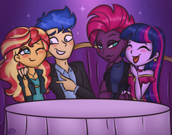 Size: 1440x1132 | Tagged: safe, artist:purfectprincessgirl, derpibooru import, flash sentry, sunset shimmer, tempest shadow, twilight sparkle, equestria girls, blazer, blouse, clothes, double date, dress, equestria girls-ified, female, flashimmer, jacket, leather jacket, leather vest, lesbian, male, shipping, shirt, straight, tempestlight