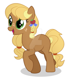 Size: 1024x1119 | Tagged: safe, artist:spectrumnightyt, derpibooru import, oc, oc only, oc:toffee apple, earth pony, pony, deviantart watermark, earth pony oc, female, freckles, full body, hooves, mare, obtrusive watermark, offspring, open mouth, open smile, parent:applejack, parent:caramel, parents:carajack, raised hoof, raised leg, shadow, show accurate, simple background, smiling, solo, tail, transparent background, watermark