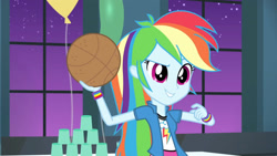 Size: 3410x1920 | Tagged: safe, derpibooru import, screencap, rainbow dash, equestria girls, rainbow rocks, shake your tail, basketball, clothes, cutie mark on clothes, female, high res, night, smiling, solo, sports