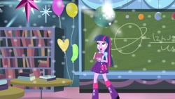 Size: 3410x1920 | Tagged: safe, derpibooru import, screencap, twilight sparkle, equestria girls, rainbow rocks, shake your tail, balloon, book, chalkboard, clothes, cutie mark on clothes, female, high res, open mouth, open smile, smiling, solo