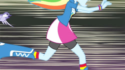 Size: 3410x1920 | Tagged: safe, derpibooru import, screencap, rainbow dash, bird, equestria girls, rainbow rocks, shake your tail, boots, chase, clothes, cutie mark on clothes, female, high res, open mouth, running, shoes, solo