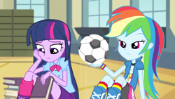 Size: 3410x1920 | Tagged: safe, derpibooru import, screencap, rainbow dash, twilight sparkle, equestria girls, rainbow rocks, shake your tail, book, boots, clothes, cutie mark on clothes, duo, duo female, female, football, high res, shoes, sports