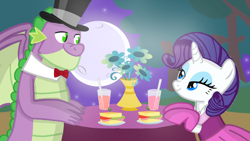 Size: 1280x720 | Tagged: safe, artist:mlplary6, derpibooru import, rarity, spike, dragon, pony, unicorn, clothes, date, dress, female, flower, food, looking at each other, looking at someone, male, mare, moon, older, older spike, shipping, smiling, smiling at each other, sparity, straight