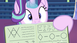 Size: 1920x1080 | Tagged: safe, artist:agrol, derpibooru import, screencap, starlight glimmer, unicorn, animation:the god of ponies, book, conlang, constructed language, cute, female, glimmerbetes, hoof pointing, magic, magic aura, magic book, mare, solo, youtube link