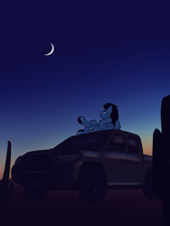 Size: 3000x4000 | Tagged: safe, artist:toanderic, derpibooru import, oc, oc only, oc:enduro elite, pegasus, pony, car, colored sketch, desert, looking up, lying down, moon, night, on back, pegasus oc, solo, toyota, truck