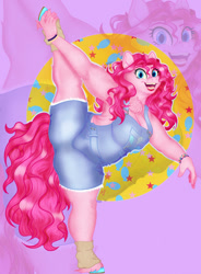 Size: 941x1280 | Tagged: safe, artist:kalamitykitty, derpibooru import, pinkie pie, anthro, earth pony, unguligrade anthro, armpit hair, big breasts, bracelet, breasts, cleavage, cleavage fluff, clothes, colored hooves, fat, female, flexible, jewelry, leg warmers, open mouth, open smile, overalls, pinkie pies, pudgy pie, smiling, solo, splits, standing, standing on one leg, vertical split, zoom layer