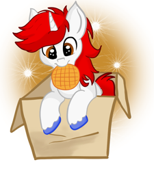 Size: 921x1024 | Tagged: safe, artist:stjonal, derpibooru import, oc, oc only, oc:stroopwafeltje, unicorn, box, cardboard box, cute, food, mascot, simple background, sitting, solo, unshorn fetlocks, waffle