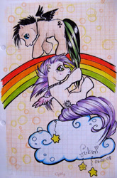 Size: 495x748 | Tagged: safe, artist:fukari, derpibooru import, oc, oc only, oc:celtic cross, oc:toxic apple, pegasus, pony, cloud, duo, graph paper, pegasus oc, rainbow, traditional art, wings