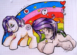 Size: 695x499 | Tagged: safe, artist:fukari, derpibooru import, oc, oc only, oc:celtic cross, oc:toxic apple, pegasus, pony, g3, :p, duo, graph paper, heart, jewelry, necklace, pegasus oc, pictogram, question mark, rainbow, tongue, tongue out, traditional art, wings