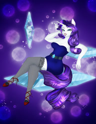 Size: 989x1280 | Tagged: safe, artist:kalamitykitty, derpibooru import, rarity, anthro, unguligrade anthro, unicorn, abstract background, breasts, clothes, crossed legs, dress, female, gem, hoof shoes, lipstick, looking at you, raritits, reflection, smiling, solo, stockings, thigh highs