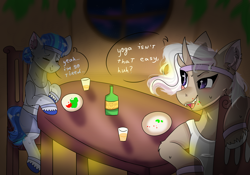 Size: 4000x2799 | Tagged: safe, artist:valkiria, derpibooru import, oc, oc only, oc:saph quills, oc:valkiria, earth pony, unicorn, apple, bean, blue hair, bottle, chair, clothes, dialogue, drink, earth pony oc, eyes closed, fangs, food, food on face, glass, head down, headband, horn, legband, looking at each other, looking at someone, multiple horns, plate, restaurant, salad, scar, shorts, shot glass, smiling, smiling at each other, sweat, table, tail, tanktop, two toned mane, two toned tail, unicorn oc, unshorn fetlocks, white hair, workout outfit, wristband