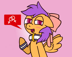 Size: 673x537 | Tagged: safe, artist:gogglesparks, derpibooru import, scootaloo, pony, alternate hairstyle, blushing, bow, bracelet, collar, female, filly, foal, hair bow, jewelry, lesbian, lesboloo, lidded eyes, looking at you, open mouth, pink background, raised hoof, raised leg, simple background, solo, speech bubble, spread wings, wings