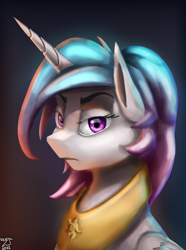 Size: 1000x1346 | Tagged: safe, artist:vezja, derpibooru import, princess celestia, alicorn, equestria at war mod, abstract background, angry, bust, celestia is not amused, female, horn, jewelry, mare, portrait, regalia, signature, simple background, solo, unamused, wings