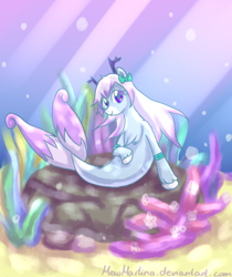 Size: 984x1172 | Tagged: safe, artist:churobu, derpibooru import, oc, oc only, merpony, pony, sea pony, seapony (g4), bubble, chest fluff, coral, crepuscular rays, female, flowing mane, flowing tail, mare, ocean, pink mane, ribbon, seaponified, smiling, solo, species swap, sunlight, tail, underwater, unshorn fetlocks, water