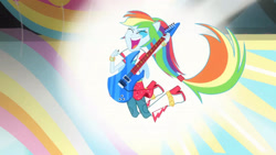 Size: 3410x1920 | Tagged: safe, derpibooru import, screencap, rainbow dash, equestria girls, rainbow rocks, shake your tail, boots, electric guitar, eyes closed, female, guitar, high res, musical instrument, open mouth, open smile, ponied up, shoes, smiling, solo