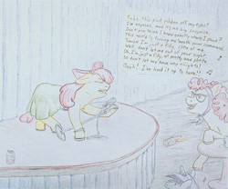 Size: 1280x1063 | Tagged: safe, artist:docard, derpibooru import, apple bloom, twist, earth pony, pony, clothes, dress, female, filly, foal, microphone, microphone stand, singing, song, text, traditional art