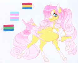 Size: 3709x2978 | Tagged: safe, artist:frozensoulpony, derpibooru import, fluttershy, pony, alternate design, colored wings, headcanon, multicolored wings, sexuality headcanon, solo, traditional art, transgender, wings