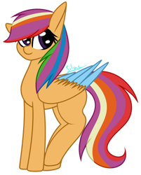 Size: 1024x1274 | Tagged: safe, artist:marbleflowers, derpibooru import, rainbow dash, scootaloo, oc, oc:scootadash, pegasus, pony, colored wings, female, fusion, multicolored hair, multicolored tail, orange fur, purple eyes, signature, simple background, smiling, solo, tail, transparent background, wings
