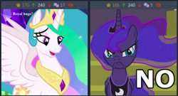 Size: 508x274 | Tagged: safe, derpibooru import, princess celestia, princess luna, alicorn, pony, a royal problem, celestial advice, derpibooru, jewelry, juxtaposition, meta, no, regalia, scowl, text