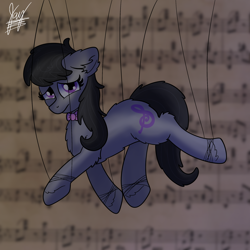 Size: 2048x2048 | Tagged: safe, artist:jay_wackal, derpibooru import, octavia melody, earth pony, a puppet to her fame, blurry background, music notes, sad, solo, strings, suspended