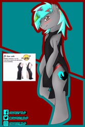 Size: 2000x3000 | Tagged: safe, artist:papery xlp, derpibooru import, oc, oc only, oc:papery xlp, earth pony, semi-anthro, bipedal, blushing, clothes, crossdressing, dress, ear piercing, earth pony oc, looking at you, male, piercing, smiling, smiling at you, solo, stallion