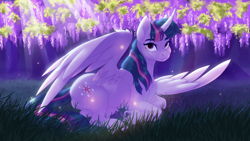 Size: 3840x2160 | Tagged: safe, artist:bluefeathercat, derpibooru import, twilight sparkle, twilight sparkle (alicorn), alicorn, pony, butt, crepuscular rays, female, grass, looking at you, lying down, lying on the ground, mare, plot, prone, side view, solo, twibutt, unshorn fetlocks