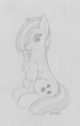 Size: 1372x2144 | Tagged: safe, artist:wapamario63, marble pie, earth pony, pony, cute, female, hair over one eye, looking at you, mare, monochrome, raised hoof, raised leg, sitting, sketch, solo, traditional art