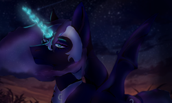 Size: 2500x1500 | Tagged: safe, artist:cyberpriduroksiriuis, derpibooru import, nightmare moon, alicorn, pony, bat wings, cloud, ethereal mane, female, glowing, glowing horn, horn, lidded eyes, looking at you, mare, sky, solo, stars, twilight (astronomy), windswept mane, wings