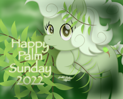 Size: 4688x3767 | Tagged: safe, artist:lincolnbrewsterfan, derpibooru import, oc, oc:palm sundae, earth pony, my little pony: the movie, .svg available, bible, branches, christianity, cute face, cute smile, earth pony oc, female, food, gradient background, green, green eyes, holding, hoof hold, ice cream, looking at you, mare, movie accurate, name pun, nc-tv signature, no base, palm, palm sunday, palm tree, signature, simple background, smiling, smiling at you, solo, svg, tree, tree branch, vector
