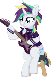 Size: 5499x8310 | Tagged: safe, artist:cyanlightning, derpibooru import, rarity, pony, unicorn, .svg available, absurd resolution, alternate hairstyle, chest fluff, clothes, ear fluff, ears, electric guitar, female, guitar, mare, musical instrument, punk, raripunk, simple background, sitting, solo, transparent background, vector
