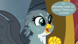 Size: 1280x720 | Tagged: safe, derpibooru import, edit, edited screencap, screencap, gabby, the fault in our cutie marks, carnivore, cute, furry reminder, gabbybetes, griffonstone, happy, solo, speech bubble