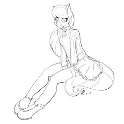 Size: 800x800 | Tagged: safe, artist:laptop-pone, derpibooru import, octavia melody, anthro, earth pony, unguligrade anthro, black and white, clothes, female, grayscale, hoof shoes, lineart, mare, monochrome, shoes, sitting, skirt, solo, stockings, thigh highs