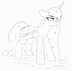 Size: 1200x1174 | Tagged: safe, artist:pabbley, derpibooru import, princess luna, alicorn, pony, black and white, female, frown, grayscale, lineart, luna is not amused, mare, monochrome, puddle, simple background, sketch, solo, unamused, wet, wet mane, white background