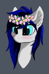 Size: 1042x1580 | Tagged: safe, artist:blackice, derpibooru import, oc, oc:black ice, pony, blushing, ear fluff, ears, female, floral head wreath, flower, gray background, mare, simple background, solo