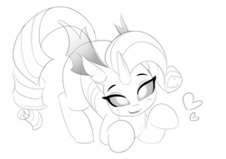 Size: 1200x847 | Tagged: safe, artist:pabbley, derpibooru import, rarity, changeling, black and white, changelingified, cute, cute little fangs, fangs, female, floating heart, grayscale, heart, lineart, looking at you, monochrome, rariling, simple background, sketch, solo, species swap, white background