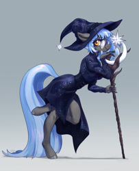 Size: 1560x1923 | Tagged: safe, artist:lunnitavaldez, derpibooru import, oc, oc only, anthro, earth pony, unguligrade anthro, anthro oc, clothes, female, glasses, gradient background, hat, looking at you, looking sideways, mare, profile, robe, round glasses, side view, smiling, smiling at you, solo, staff, witch costume, witch hat