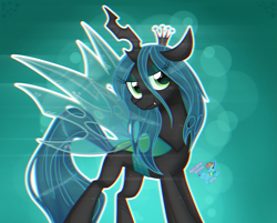 Size: 2521x2025 | Tagged: safe, artist:rainbow eevee, derpibooru import, queen chrysalis, changeling, changeling queen, crown, cute, digital art, error, eyelashes, fanart, female, glitch, gradient background, grin, jewelry, lidded eyes, looking at you, looking up, regalia, sharp teeth, smiling, solo, spread wings, teeth, wings