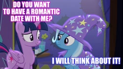 Size: 1280x720 | Tagged: safe, derpibooru import, edit, edited screencap, screencap, trixie, twilight sparkle, twilight sparkle (alicorn), alicorn, no second prances, female, lesbian, shipping, twixie