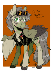 Size: 1240x1754 | Tagged: safe, artist:scarfyace, derpibooru import, oc, oc:murky, pegasus, pony, fallout equestria, fallout equestria: murky number seven, clothes, fanfic art, industrial workers of the world, iww, jacket, male, scar, stallion