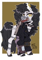 Size: 1316x1852 | Tagged: safe, artist:scarfyace, derpibooru import, zebra, fallout equestria, choker, clothes, ear piercing, earring, gun, jacket, jewelry, leather jacket, piercing, pipbuck, spiked choker, weapon