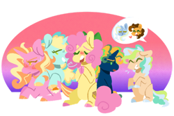 Size: 1280x855 | Tagged: safe, artist:joburii, derpibooru import, cheese sandwich, li'l cheese, luster dawn, trixie, oc, oc:lunar moth, oc:sugar shake, oc:taffy pop, earth pony, pony, unicorn, the last problem, female, horn, lying down, mare, older, prone, unicorn oc