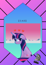 Size: 800x1122 | Tagged: safe, artist:dirtyker, derpibooru import, twilight sparkle, twilight sparkle (alicorn), alicorn, pony, my little pony: the movie, ears, floppy ears, sad, solo, vaporwave