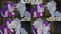 Size: 1280x720 | Tagged: safe, derpibooru import, edit, edited screencap, editor:quoterific, screencap, applejack, snowfall frost, spirit of hearth's warming past, starlight glimmer, earth pony, pony, unicorn, a hearth's warming tail, season 6, duo, eyes closed, female, mare, open mouth, open smile, shrunken pupils, smiling, text