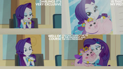 Size: 1280x720 | Tagged: safe, derpibooru import, edit, edited screencap, editor:quoterific, screencap, rarity, pig, better together, equestria girls, a queen of clubs, bracelet, duo, female, geode of shielding, hairpin, hug, jewelry, magical geodes, rarity peplum dress, text