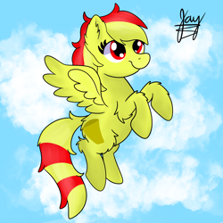 Size: 2048x2048 | Tagged: safe, artist:jay_wackal, derpibooru import, oc, oc only, oc:marmalade, pegasus, pony, cloud, flying, pegasus oc, raised hoof, raised leg