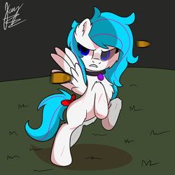 Size: 2048x2048 | Tagged: safe, artist:jay_wackal, derpibooru import, oc, oc only, pegasus, bow, bullet, choker, fight, hair bow, pegasus oc, pegasus wings, shooting, wings