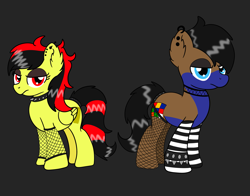 Size: 2607x2048 | Tagged: safe, artist:jay_wackal, derpibooru import, oc, oc only, oc:marmalade, oc:rubik, earth pony, pegasus, choker, clothes, ear piercing, earth pony oc, emo, eyeshadow, female, fishnet stockings, makeup, male, mare, pegasus oc, piercing, socks, stallion